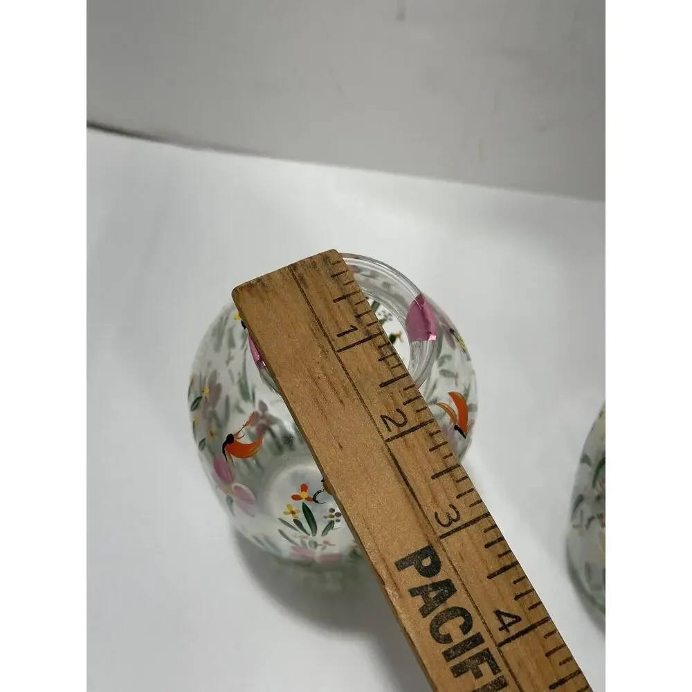 Set Of 2 Vintage Small Hand‎ Painted Floral Clear Glass Vase Signed K. LaRussa